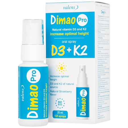 Xịt họng Valens Dimao Pro Oral Spray D3 + K2 hỗ trợ bổ sung vitamin D và vitamin K2 cho cơ thể (25ml)