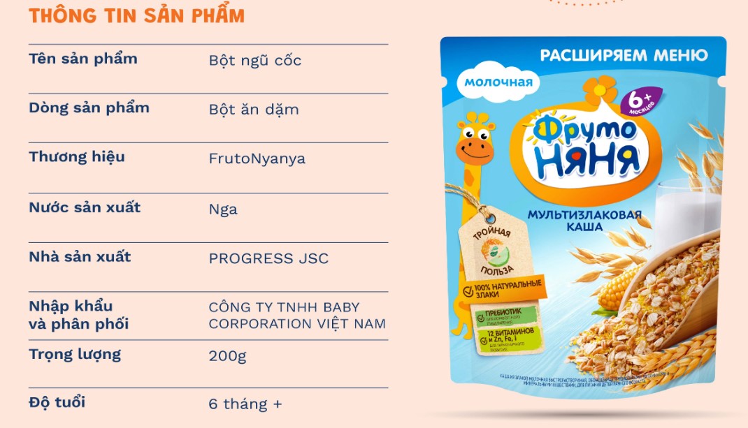 Bột ăn dặm Fruto vị kiều mạch, ngô, sữa 6th 200g