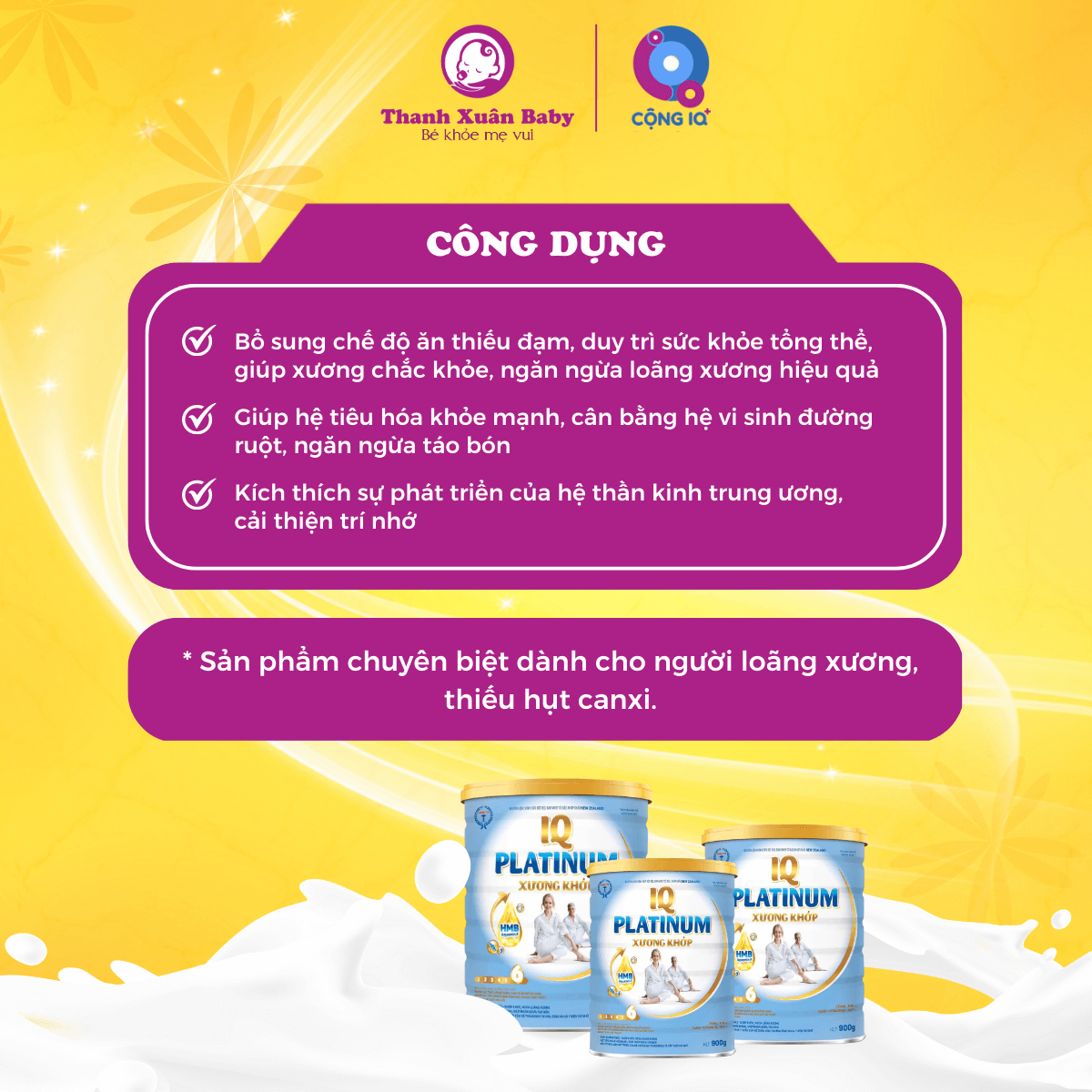 Công dụng Sữa non IQ Platinum Xương Khớp 900g