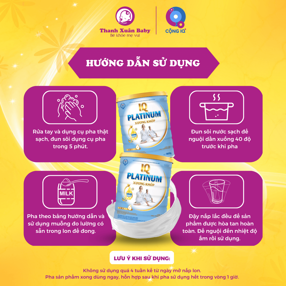 Hướng dẫn sử dụng Sữa non IQ Platinum Xương Khớp 900g