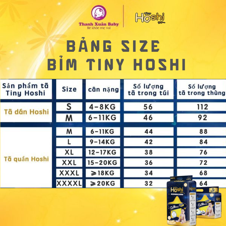 Bảng size bỉm tiny hoshi