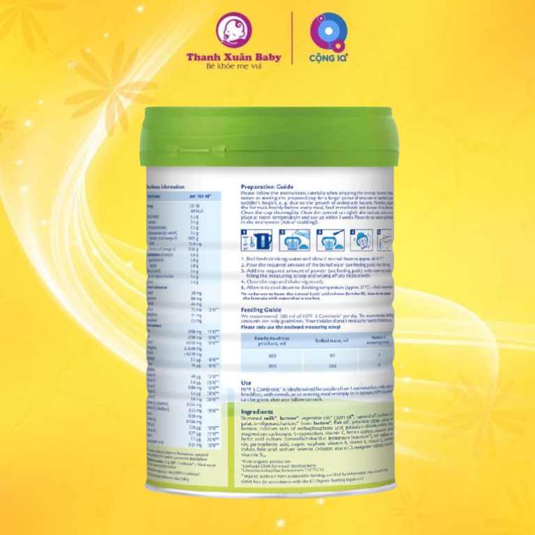 Thành phần Sữa HiPP ORGANIC COMBIOTIC số 3 (800g) cho bé từ 1 - 3 tuổi